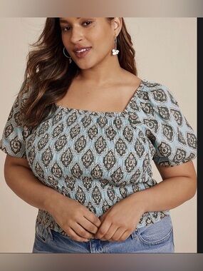 Maurices 💙 Puffed Sleeve Smocked Cotton Top Plus Size 2X Blouse